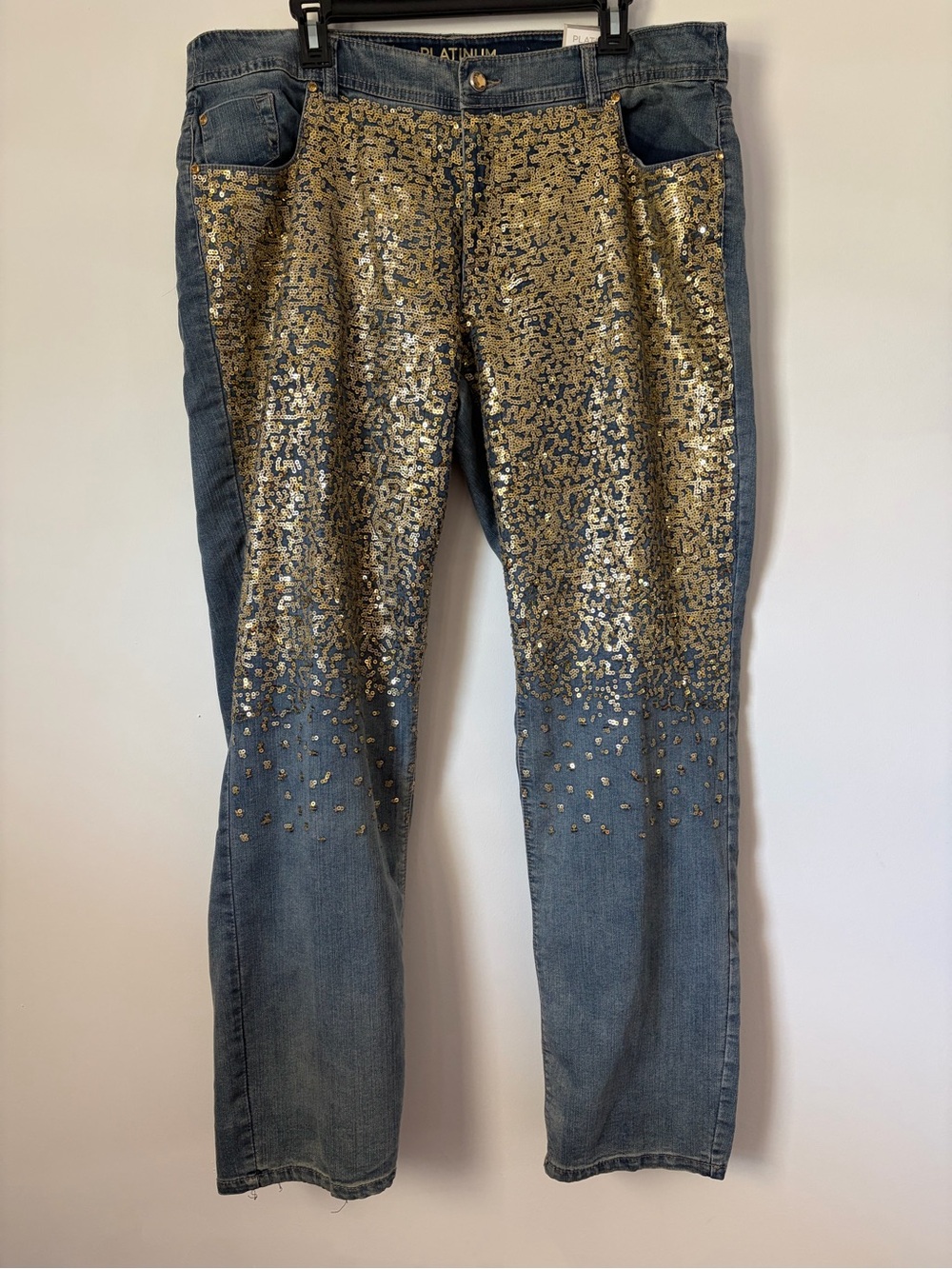 New Chicos platinum slim leg sequin jeans size 16 stretch bling sparkle